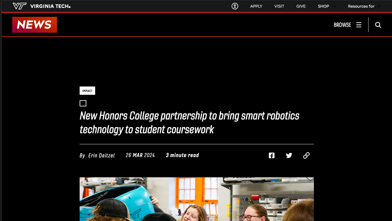 New Honors College partnership to bring smart robotics technology to student coursework -  2024.03.26 - Virginia Tech News